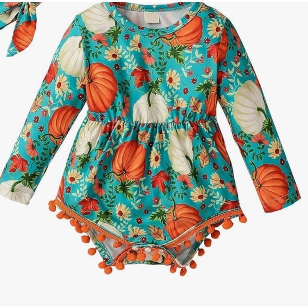 Green Pumpkin Romper Baby Girl Size 18 Month Orange Pom Poms